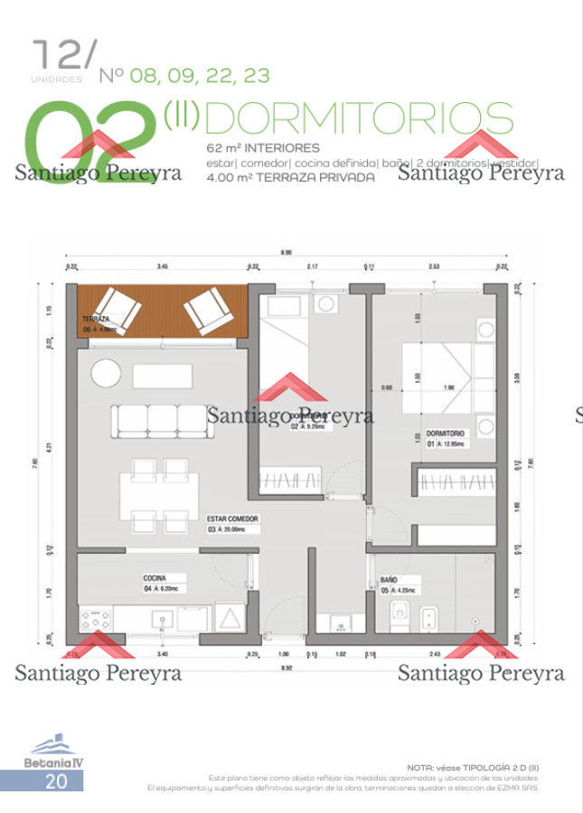 Apartamento de 2 dormitorios en 4 H