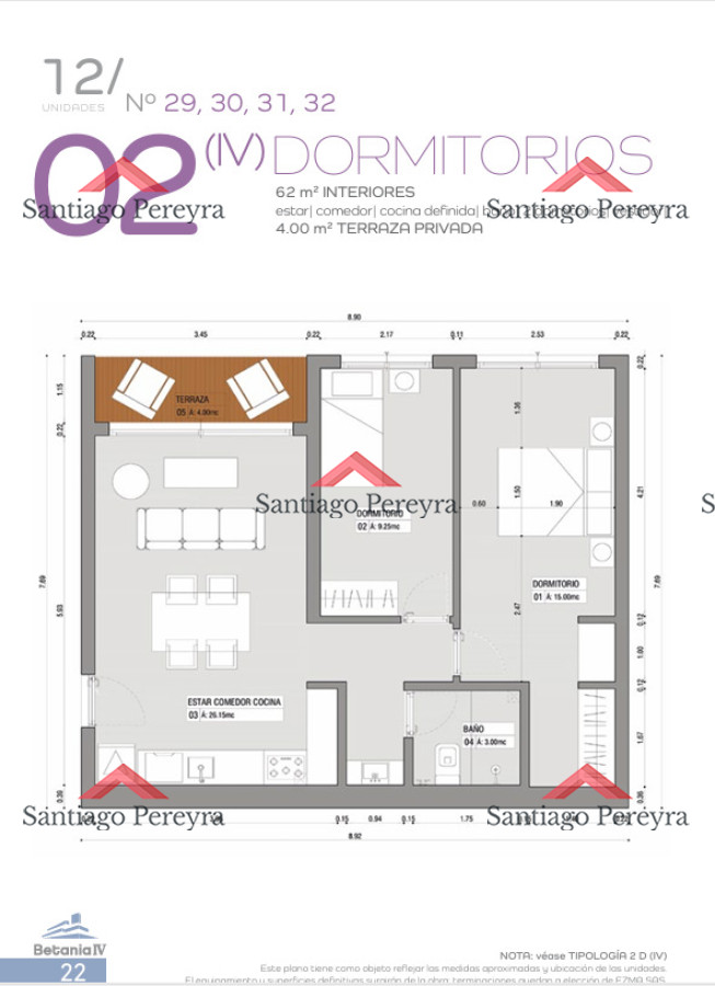 Apartamento de 2 dormitorios en 4 H