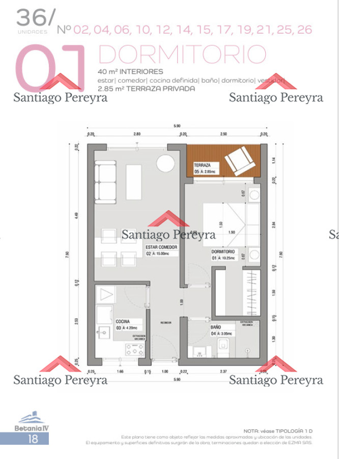 Apartamento de 1 dormitorios en 4 H