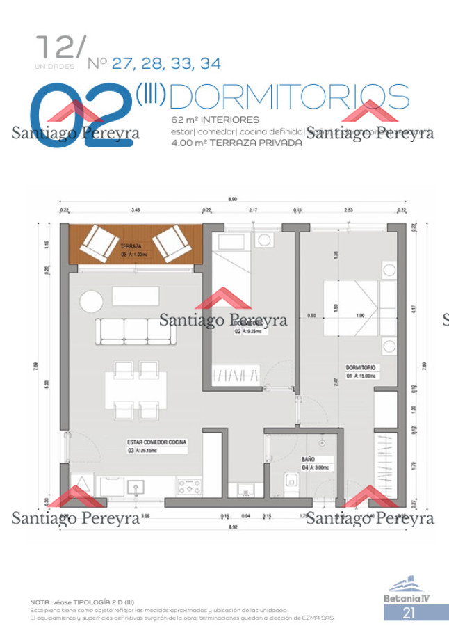 Apartamento de 2 dormitorios en 4 H