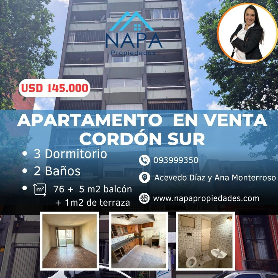 VENTA APARTAMENTO, CORDÓN 3 DORMITORIOS, 2 BAÑOS