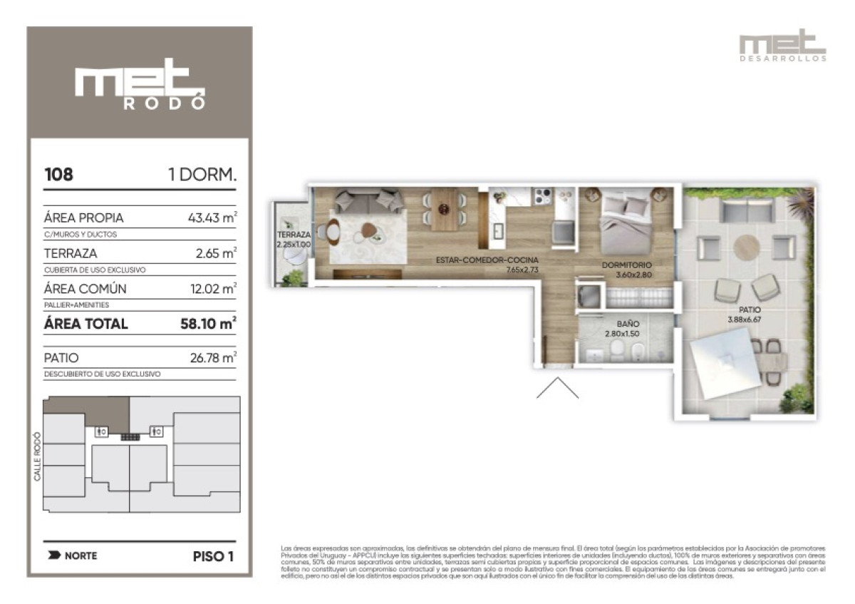 Venta Apartamento de 1 Dormitorio con patio 