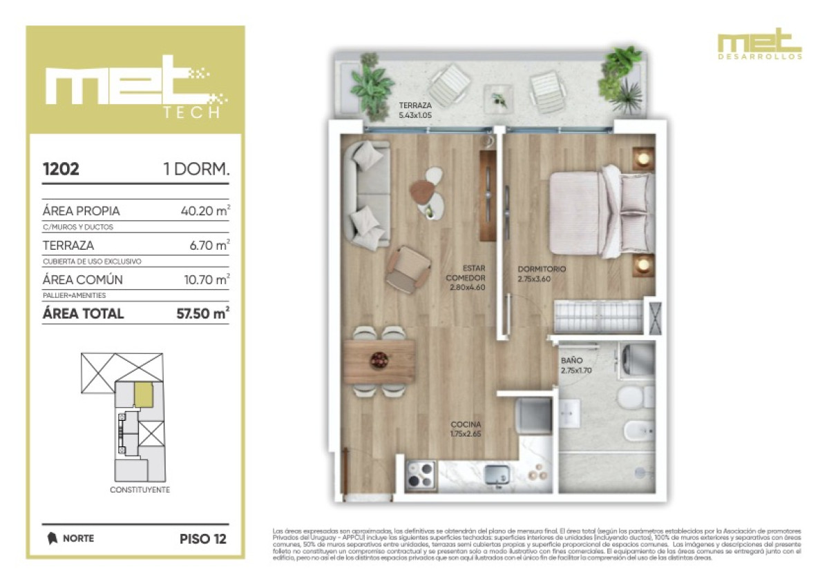 Venta Apartamento de 1 Dormitorio  Cordón (COD 202)