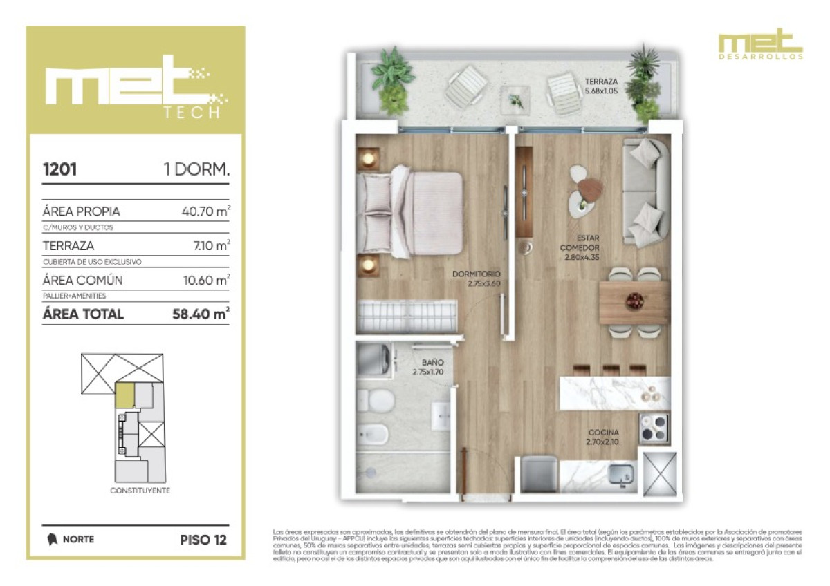 Venta Apartamento de 1 Dormitorio Cordón (COD 201)