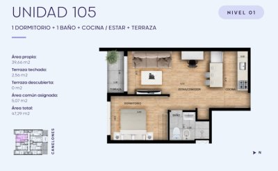Venta apartamento 1 dormitorio a estrenar, Cordón
