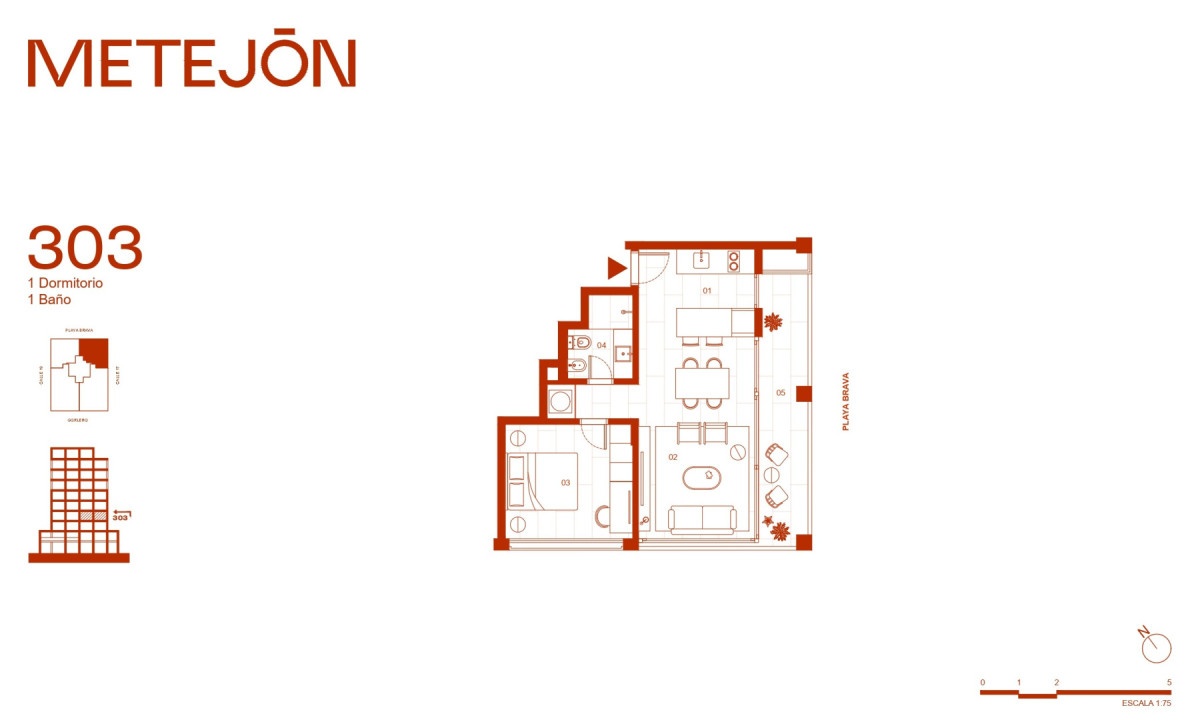 Apto 1 dorm en Península con Balcón y Living amplio 