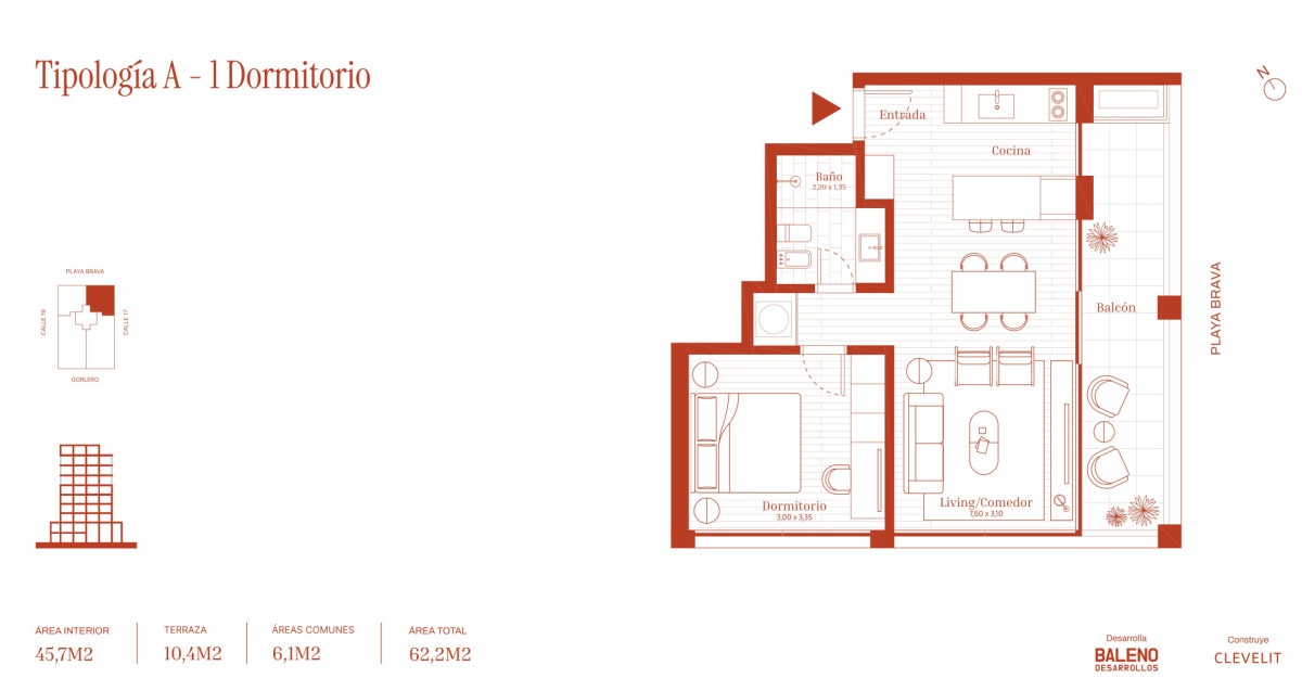 1 dormitorio con balcón amplio en Península