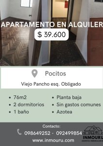 Se alquila apartamento en planta baja de 2 dormitorios, Pocitos