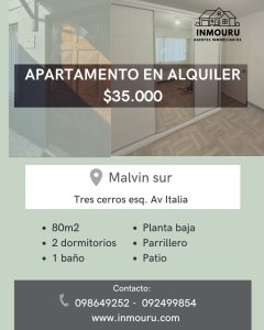 Se alquila apartamento de 2 habitaciones, Malvin Sur