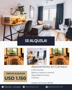 Se alquila apartamento de 2 dormitorios, Carrasco