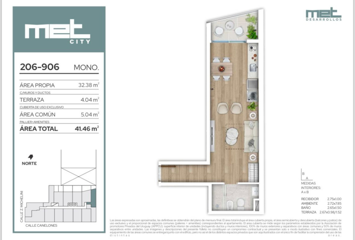 Monoambiente en proyecto Met City en el centro de Montevideo.